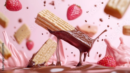 Hyper-realistic wafer bars floating in mid-air, creamy vanilla and strawberry splashes colliding, rich melted chocolate drips, dynamic fluid motion, pink and brown color palette, glossy surfaces,
