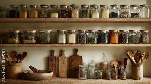 Wallpaper Mural Rustic Kitchen Pantry Storage Jars Wooden Spoons Herbs Spices Food Organization Wooden Shelves Natural Light Home Decor Interior Design Farmhouse Style Cozy Kitchen Wooden Utensils Torontodigital.ca