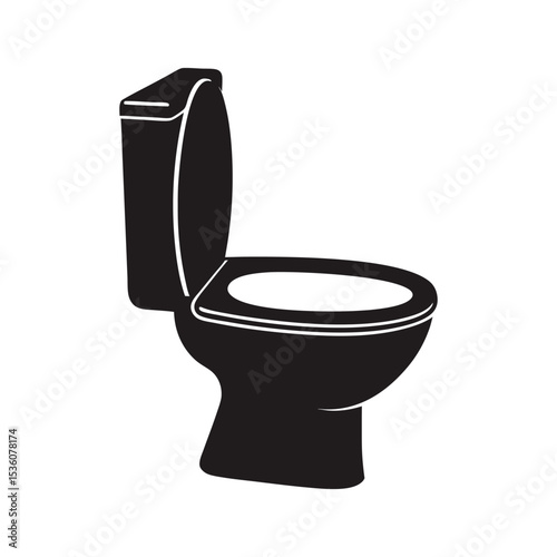 A clean, new white ceramic toilet bowl with a seat, isolated for a sanitary bathroom or restroom Simple flat black silhouette icon of a modern commode toilet bowl
