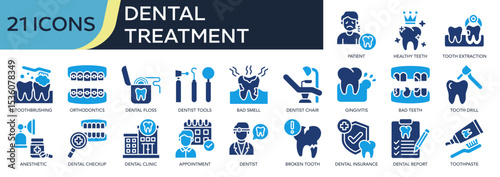 Collection of Dental treatment icons, related to healthy teeth, toothbrushing, orthodontics, dental checkup, dental insurance and more. Solid icons vector illustation.