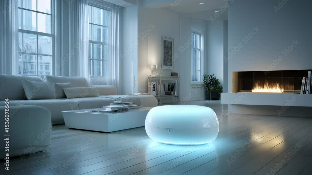 serene living room interior with modern fireplace and luminous ottoman, presenting a quiet elegance and harmonious design