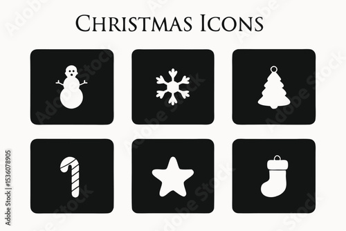 Collection of Simple Christmas Icons Snowman, Snowflake, Tree, Candy Cane, Star, Stocking