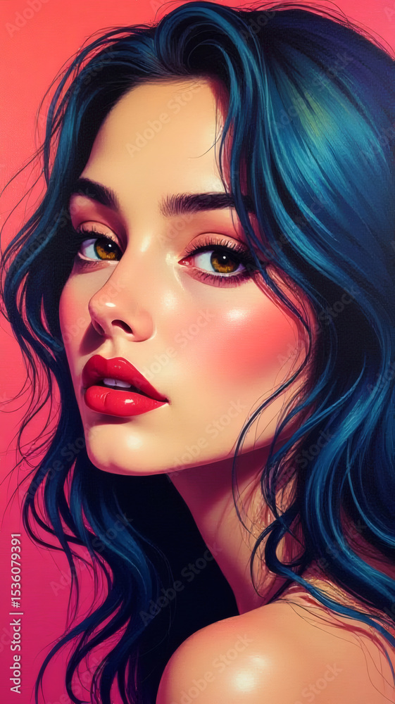 Fototapeta premium Beautiful Woman Blue Hair Portrait, Luminous Skin Makeup, Elegant Female Illustration