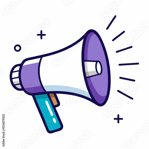 Online ad with megaphone black line art on white background