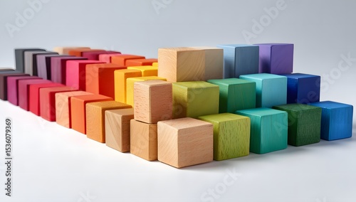 Row of Colorful Wooden Cubes Arranged in a Spectrum