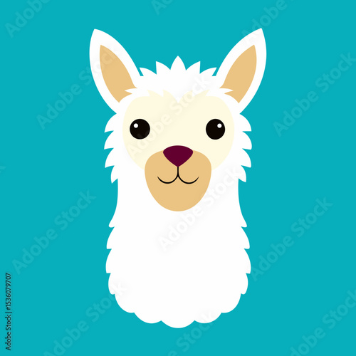 Cute White Llama Alpaca Head Illustration Friendly Cartoon Animal Face Turquoise Background vector