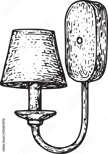 A vintage wall lamp with a conical shade and decorative mount, perfect for enhancing vintage bedrooms or hallways with its classic, hand-sketched aesthetic