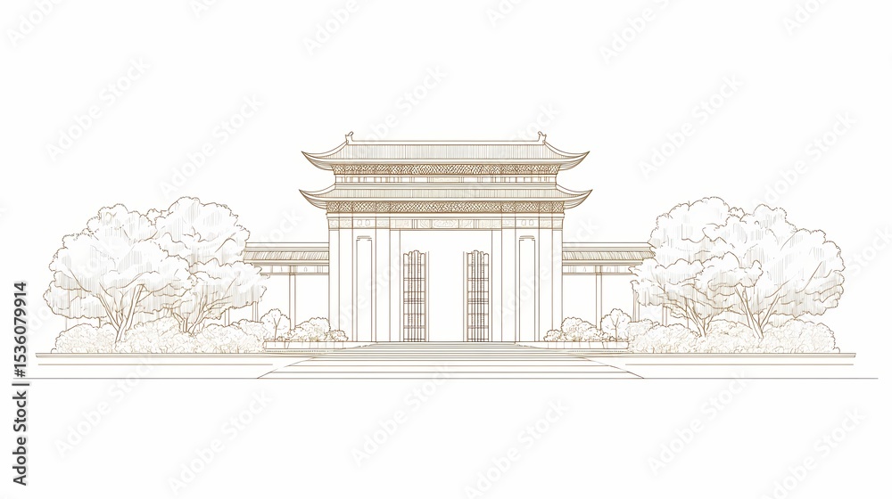 Fototapeta premium Architectural drawing of a chinese style gatehouse.