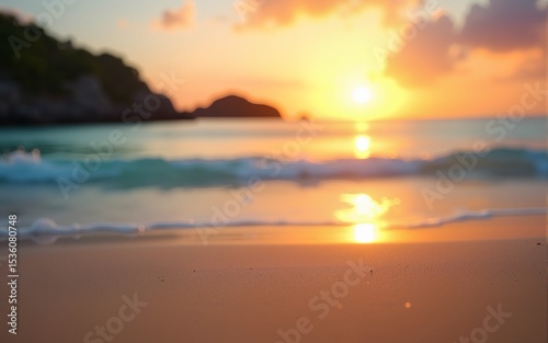 Closeup sea sand beach. Panoramic beach landscape. Inspire tropical beach seascape horizon. Orange and golden sunset sky calmness tranquil relaxing sunlight summer mood. Vacation travel holiday banner