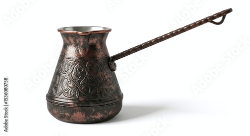 Traditional Turkish coffee pot (cezve) with patina texture, isolated on white background. Generative AI