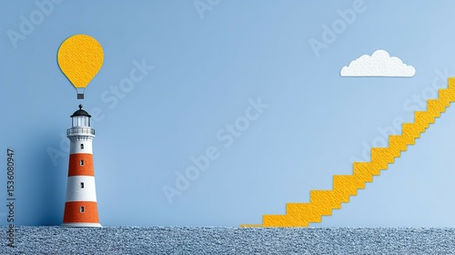Lighthouse, hot air balloon, and stairs symbolizing progress.
