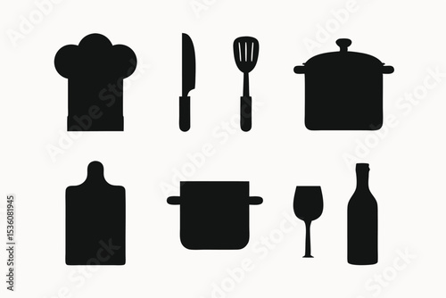 Culinary Icons Chef Hat, Knife, Spatula, Pots, Cutting Board, Wine Glass, Bottle – Silhouette Graphics