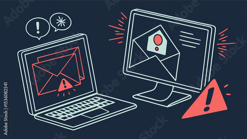 Email security threat alert warning on computer and laptop for phishing scam and malware protection