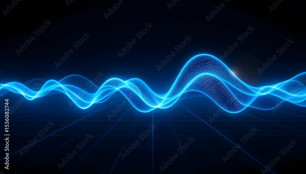 Fototapeta premium Glowing Blue Wireframe Waves on Dark Grid, Abstract Technology Background