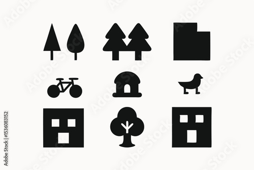 Simple Black Glyph Icons Trees, Buildings, Bicycle, and More