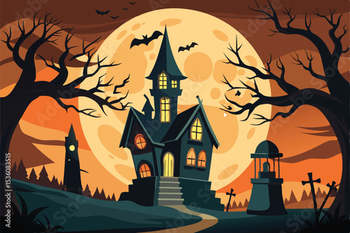 Spooky Cartoon Halloween House Bats Moon Night Trees Graveyard Whimsical Illustration vector