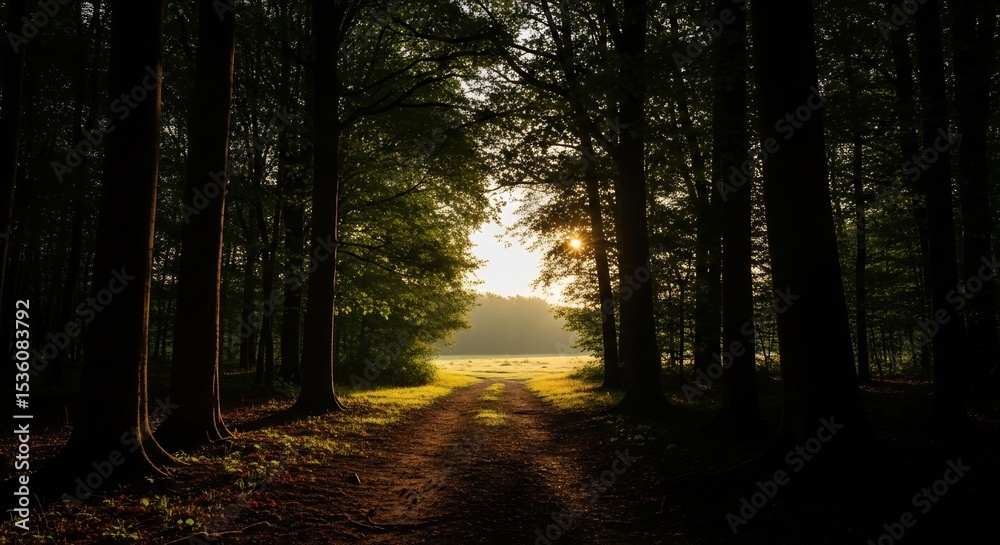 Fototapeta premium Sunlit forest path to freedom: Majestic trees create a hopeful, liberating walk