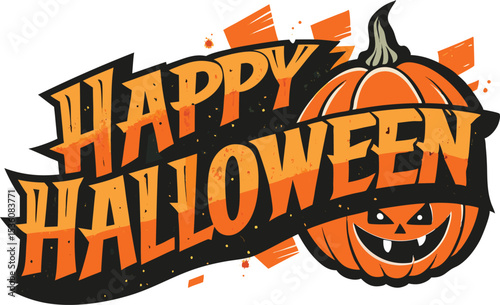 Happy Halloween stylized graphic orange pumpkin black lettering grunge texture vector