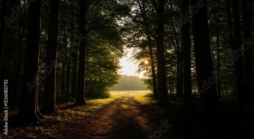 Sunlit forest path to freedom: Majestic trees create a hopeful, liberating walk