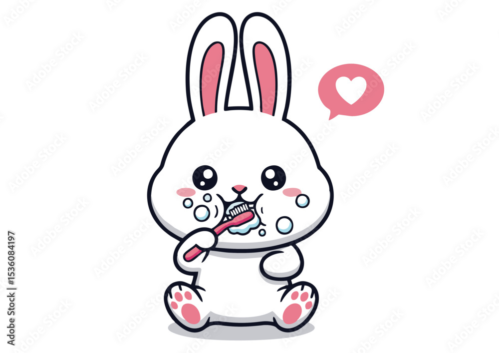 Obraz premium Adorable White Bunny Rabbit Brushing Teeth Illustration Cute Cartoon Animal Hygiene