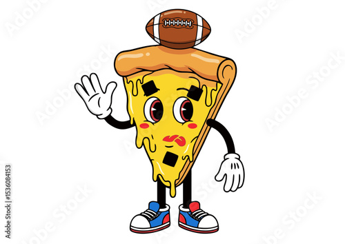 Adorable Pizza Slice Cartoon Character Wearing Football Helmet, Waving