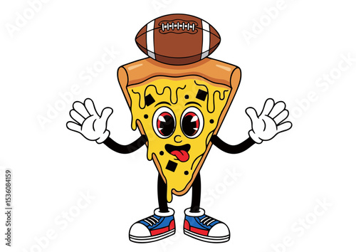 Cheesy Pizza Slice Mascot Wearing a Football Helmet Fun Illustration for Sports Fans and Pizza Lovers