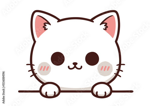 Adorable Kawaii White Kitten Illustration Cute Cartoon Cat Peeking Over Banner