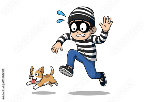 Cartoon Illustration of a Scared Thief Running Away from a Small Dog; Funny, Whimsical, and Playful Image