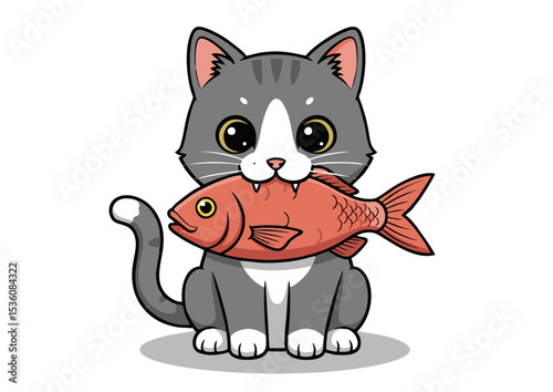 Adorable Gray Kitten with Big Eyes Enjoying a Delicious Red Fish Cartoon Illustration