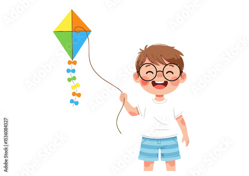 Joyful Boy Flying a Colorful Diamond Kite Happy Childhood Fun and Outdoor Activities