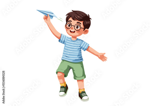 Happy Boy Playing with Paper Airplane Childhood Fun and Imagination