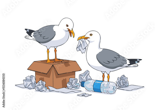 Two Seagulls on Cardboard Box amidst Litter Illustration of Environmental Pollution