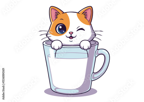Adorable Orange and White Kitten in a Milk Mug Cute Cartoon Illustration
