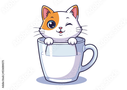 Adorable Orange and White Kitten in a Mug of Milk Cute Cartoon Illustration