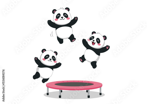 Adorable Panda Bears Enjoying a Fun Jump on a Pink Trampoline Playful Illustration