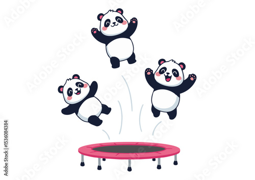 Adorable Panda Trio Jumping on a Pink Trampoline Cute Cartoon Illustration