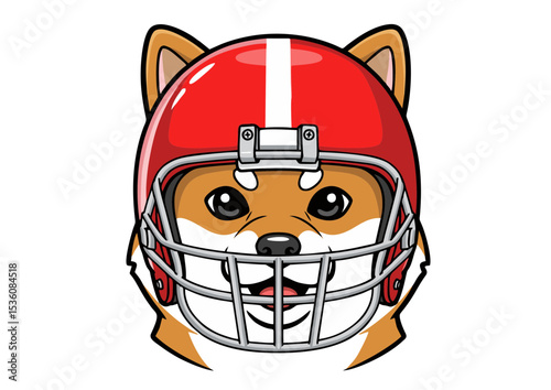 Adorable Shiba Inu Puppy Wearing a Football Helmet Cartoon Illustration
