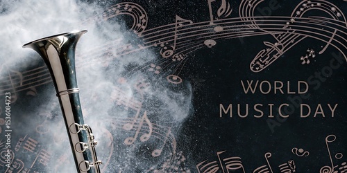 Clarinet with music notes and smoke for world music day
