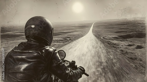 A lone biker rides a dusty road under a bright sun.