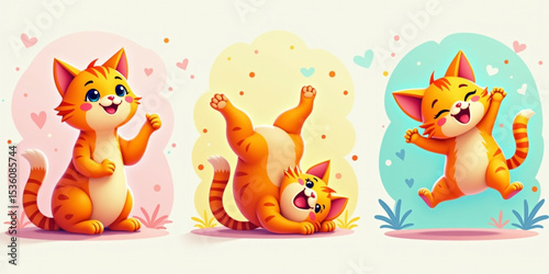 Playful Kitten Trio: A trio of vibrant, animated kittens, each showcasing a unique pose, bring forth smiles with their infectious enthusiasm and captivating allure. Capturing playful attitude 