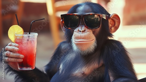 Cool chimpanzee enjoying a refreshing drink outdoors.
