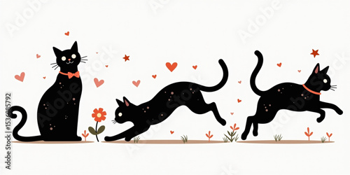  Whimsical Black Cat Trio: A charming illustration depicts a playful sequence of a sleek black cat, featuring a sequence of actions amid a backdrop of delicate flowers and floating hearts.