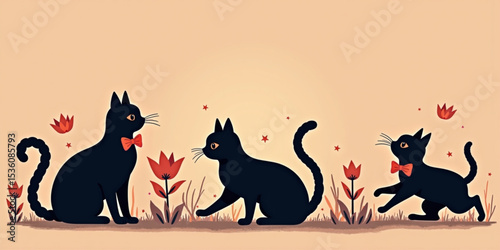 Playful Trio: A delightful scene featuring three black cats, each with a unique pose and charm, accompanied by delicate red flowers and subtle background. 