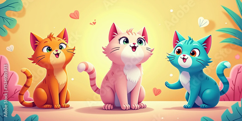 Playful Kitty Trio: A heartwarming scene of three adorable cartoon cats, each with a unique vibrant hue, sharing a moment of pure joy in a friendly and inviting environment.