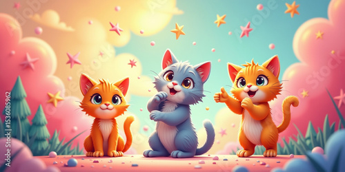 Three Cute Kittens in a Magical World: Three adorable kittens—one gray, two orange—stand together in a whimsical landscape filled with pastel clouds, stars, and candy-like elements.