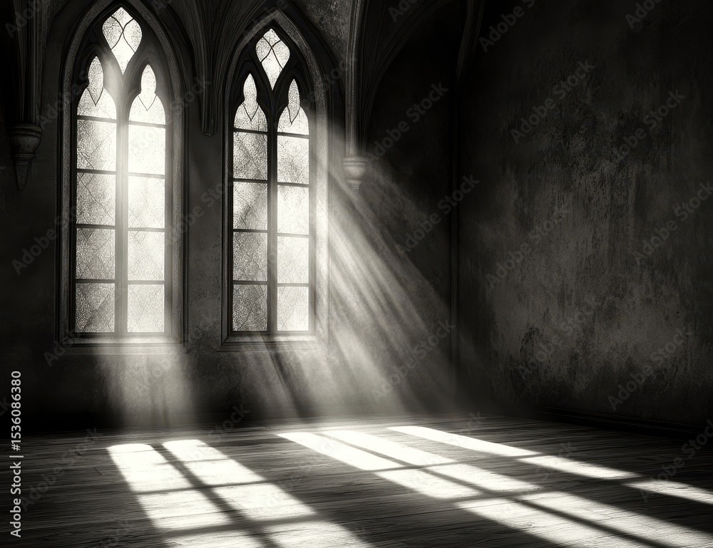 Obraz premium Sunlight streams into a shadowy interior.