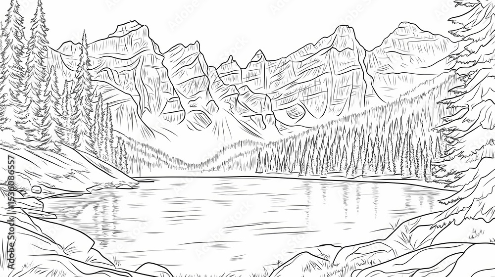 Fototapeta premium Lakeside scene with mountains and forest.