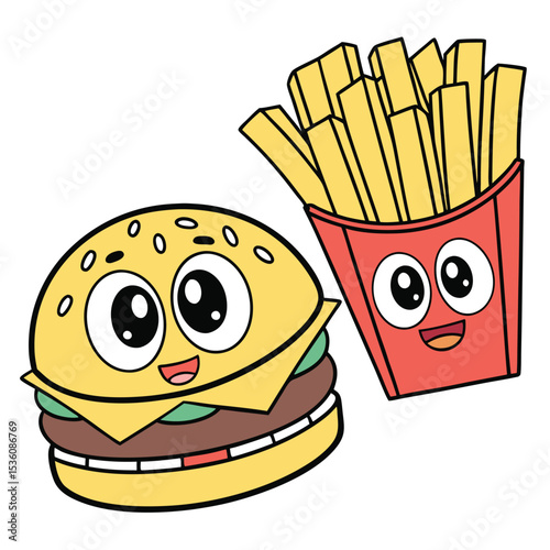 Adorable Cartoon Hamburger and Fries Illustration Fun Fast Food Characters