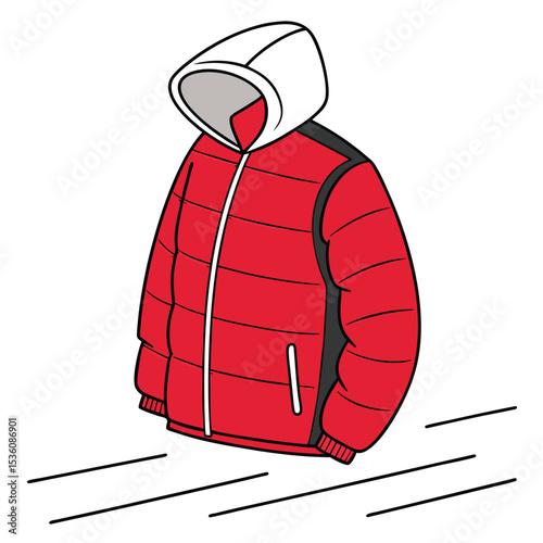 Vector Art Illustration of a Red Puffy Winter Jacket with Hood