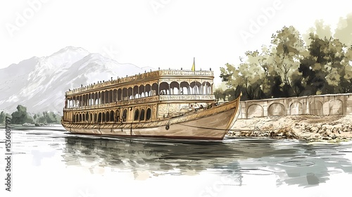 A large ornate riverboat on a tranquil waterway.